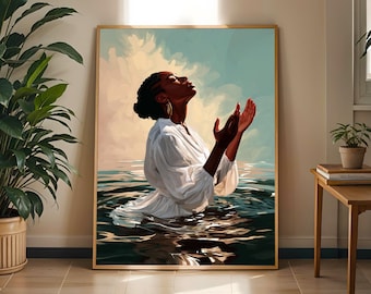 Lámina artística de mujer afrocéntrica en el agua: póster realista en tonos verde azulado y beige.