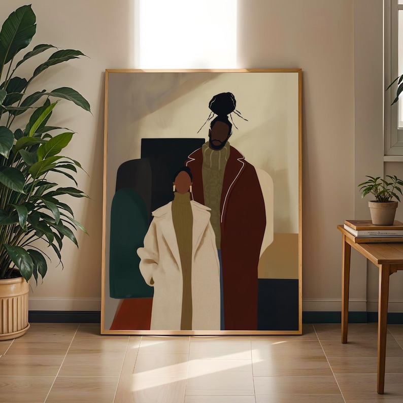 Modern Black Couple Wall Art, Minimalist Afrocentric Fashion Print