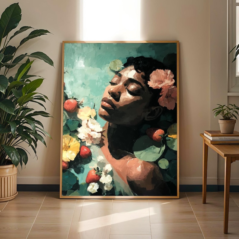 Black Woman Bath Art Print, Melanin Goddess Self Care Artwork, Fruit Painting