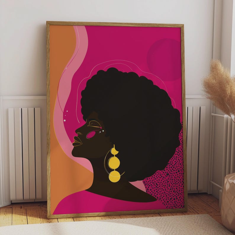 Afrocentric Abstract Black Woman Print, Natural Hair Wall Art, Bold Pink Gold Poster