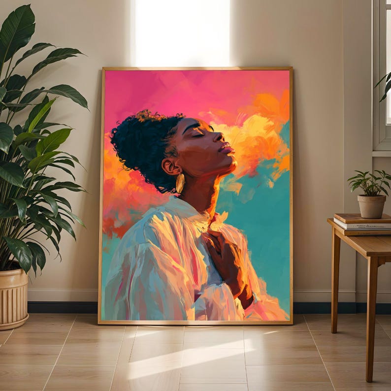 Colorful Sky Reflection Art Print: Afrocentric Woman, Boho Home Decor