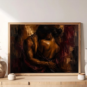 Black Couple Embrace Art Print, Bold Palette, Moody Figurative image 1
