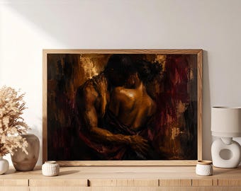 Black Couple Embrace Art Print, Romantic African American Wall Art, Dark Moody Figurative Poster, Love Gift