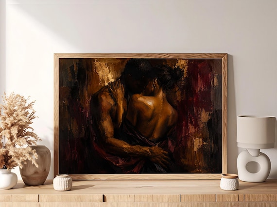 Black Couple Embrace Art Print, Bold Palette, Moody Figurative