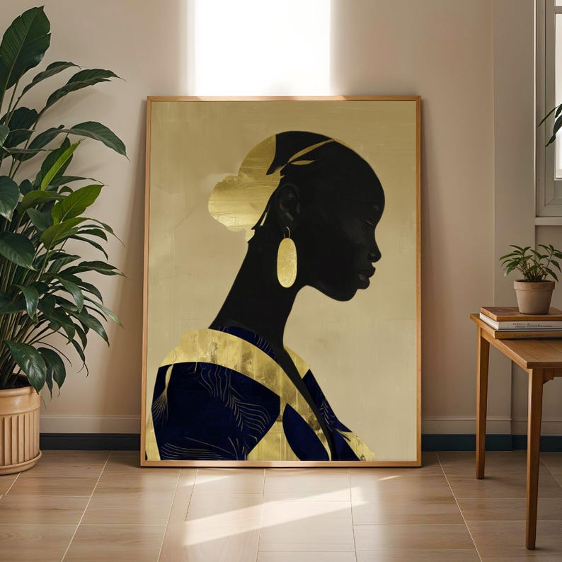 Gold Leaf African Silhouette Art Print, Minimalist Home Decor