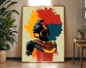 Op de afbeelding: Een rechthoekige wandkunstprint met een gestileerd portret van een persoon met een donkere huid, die grote oorringen en een meerlaagse ketting draagt. Het kunstwerk gebruikt een levendig kleurenpalet van rood, geel en blauwgroen met verfspettereffecten.
