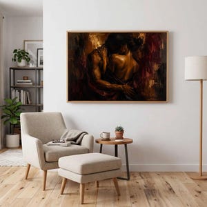 Black Couple Embrace Art Print, Bold Palette, Moody Figurative image 2