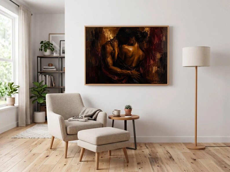 Black Couple Embrace Art Print, Bold Palette, Moody Figurative image 2