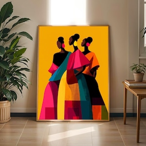 May include: A framed rectangular wall art print featuring three stylised figures in profile against a vibrant yellow background. The figures wear flowing garments in shades of magenta, teal, orange, and yellow, with large circular earrings.
