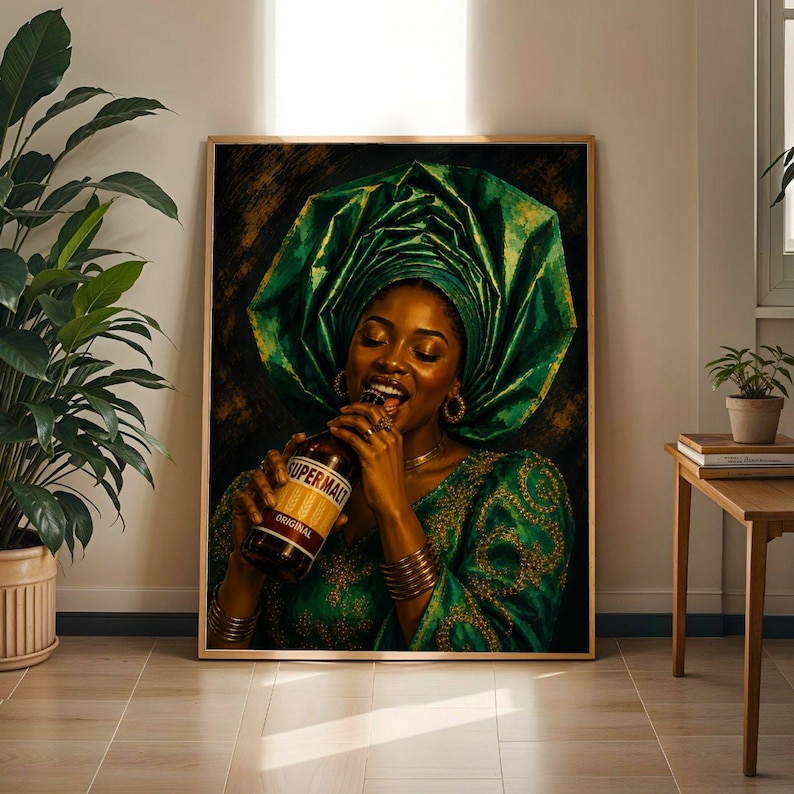 African Woman Portrait Print | Emerald Gele, Gold Embroidery, Supermalt Delight