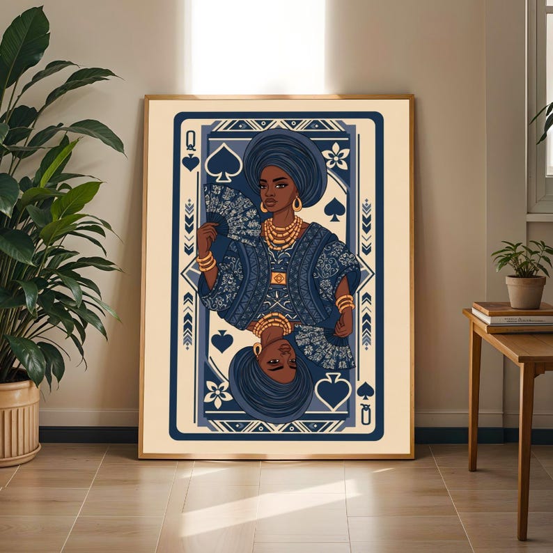 Queen of Spades Art Print: Navy, Gold, and Beige Afrocentric Boho Decor