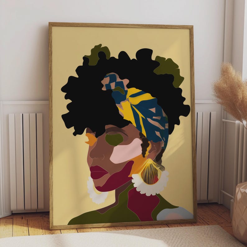 Abstract Afrocentric Black Woman Portrait, Natural Hair Wall Art Print, Yellow