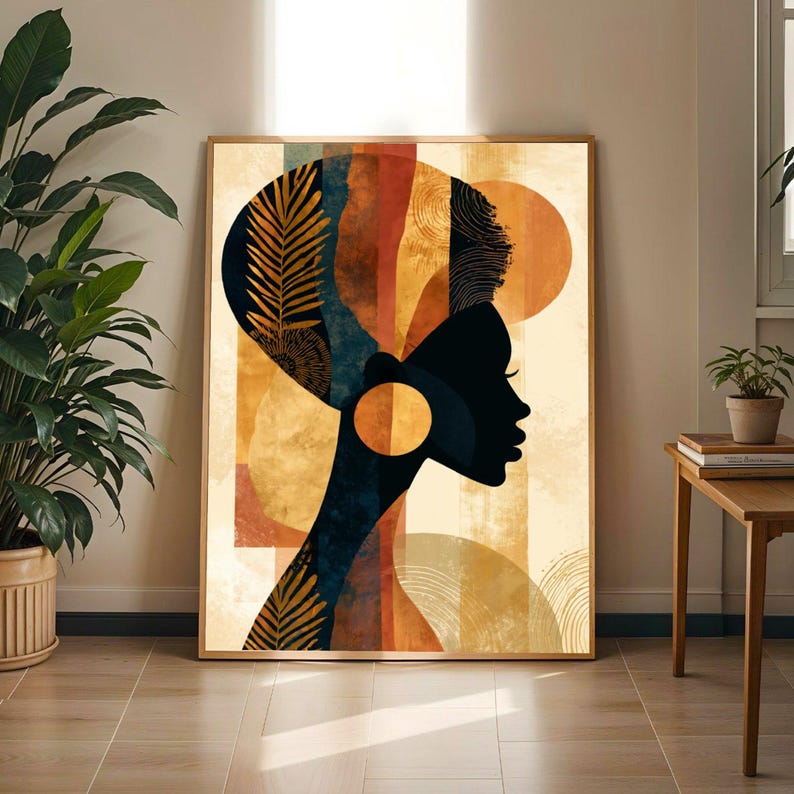African Woman Silhouette Wall Art Print | Afrocentric Black Woman Portrait Poster | Boho Earthy Tones Home Decor