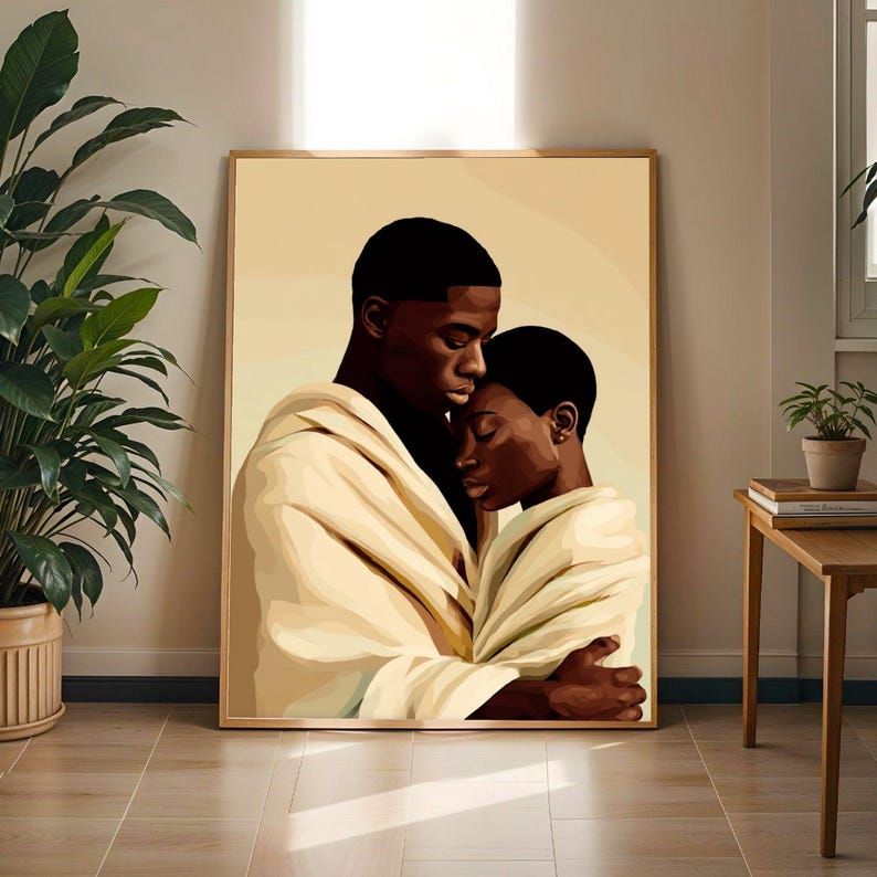 Black Couple Embracing Wall Art Print | Afrocentric Love Print | Romantic African American Art
