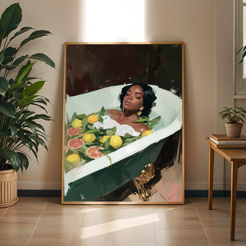 Black Woman Bath Art, Melanin Goddess Self Care Artwork, Fruit Painting