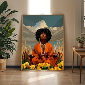 Afrocentric Woman Meditation Art Print: Boho Living Room Decor