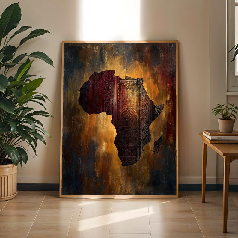 African Map Art Print, Tribal Textile Silhouette