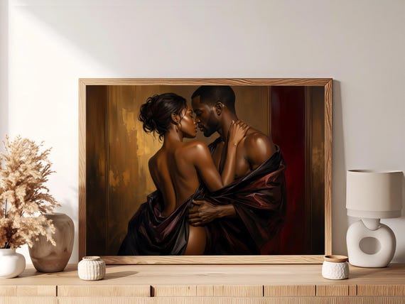 Black Couple Embrace Art Print, Afrocentric Figurative Wall Art