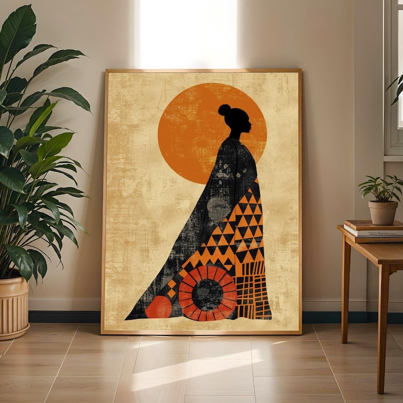 Afrocentric Woman Silhouette Art Print: Geometric Boho Decor