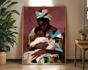 May include: A framed wall art print depicting a person with dark skin wearing a patterned headwrap and a multi-colored garment, tenderly holding a small infant wrapped in a white cloth against a deep mauve background with visible brushstroke textures.