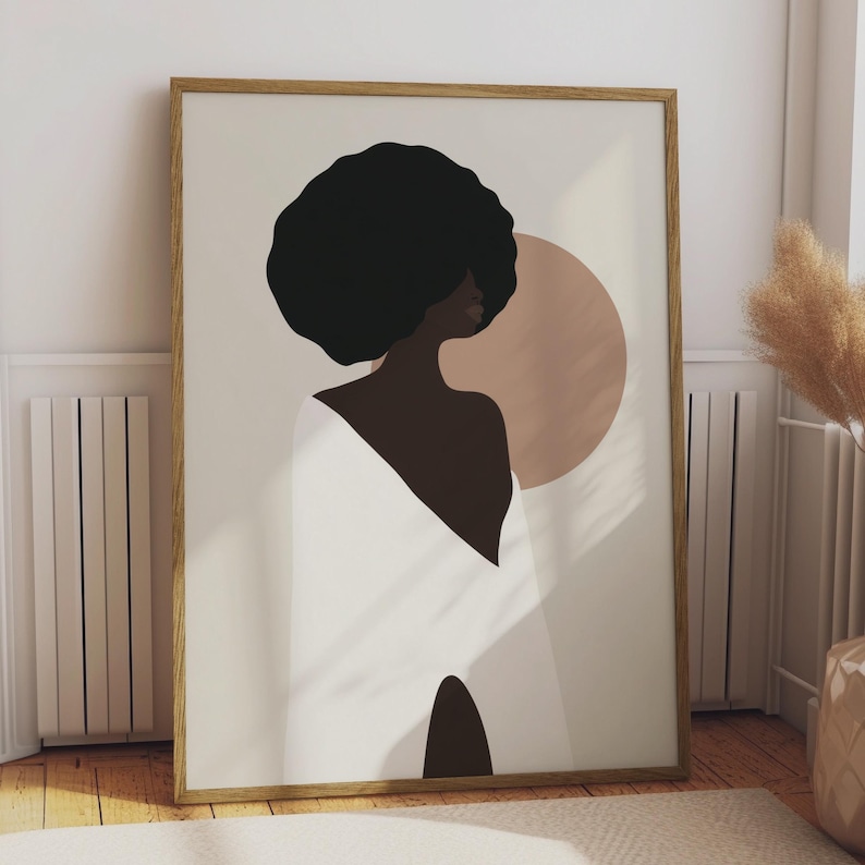 Afrocentric Abstract Black Woman Print, Natural Hair Poster, Neutral Boho Wall Art