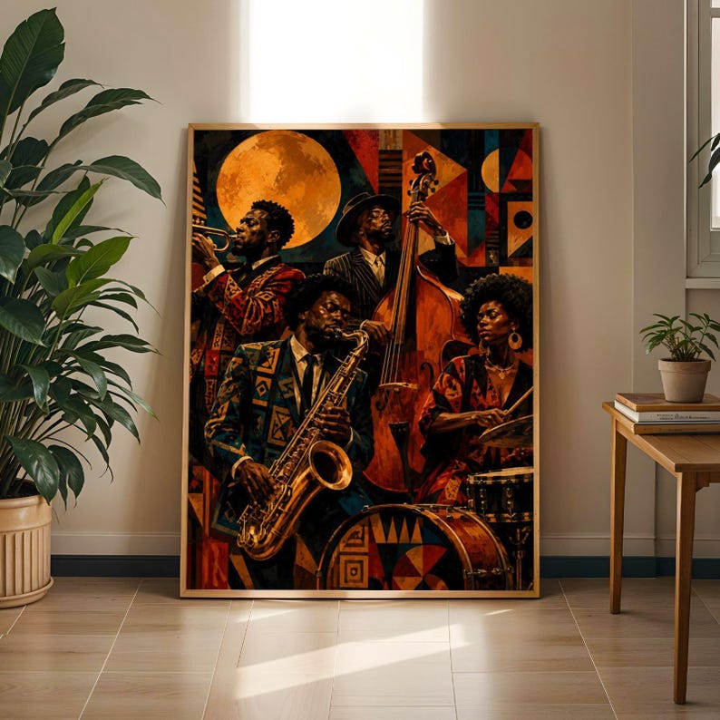 Jazz Band Musicians Art Print – Modern Style, Orange and Teal
