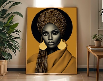 Lámina con retrato de mujer africana – Trenzas doradas, arte mural afrocéntrico