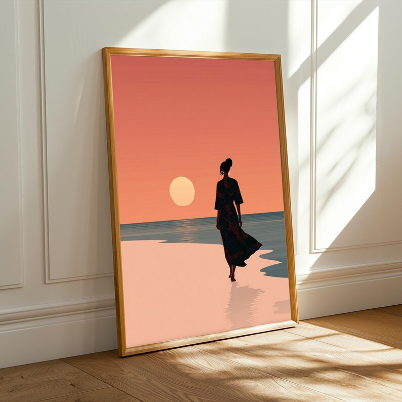 Beach Sunset Silhouette Poster – Peach and Black and Navy and Orange | Boho Style Art – Afrocentric Wall Decor for Living Room