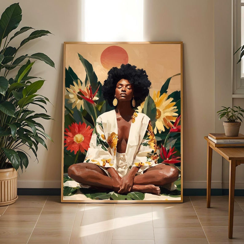 Serene Tropical Floral Portrait Poster - Peach and Coral, Emerald Greens and Hibiscus Red