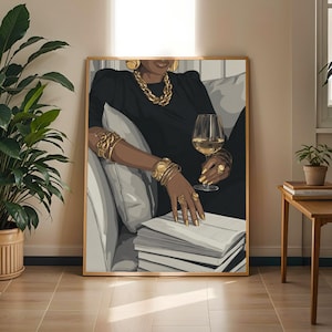Elegant Black Woman Art Print: Gold Jewelry, Wine Illustration