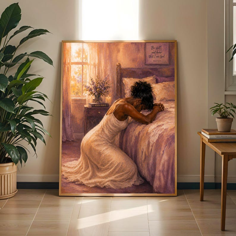 Afrocentric Prayer Art Print – Black Woman, Pink Christian Decor, Modern African Poster