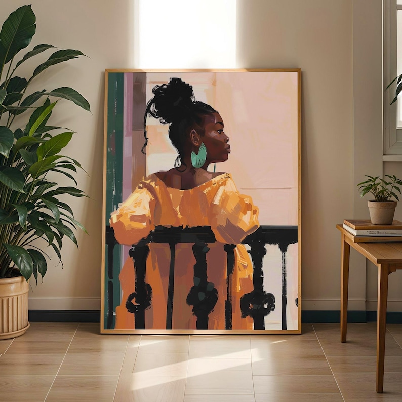 Afrocentric Balcony Portrait Art Print | Modern Black Woman Wall Decor