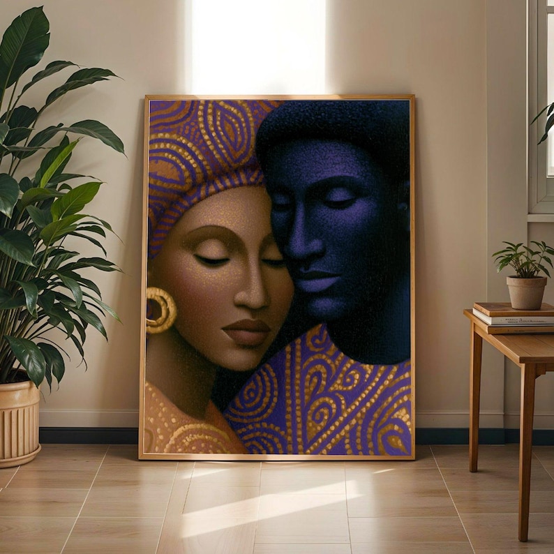 African Couple Wall Art Print | Black Love Afrocentric Portrait Poster | Gold Purple Home Decor