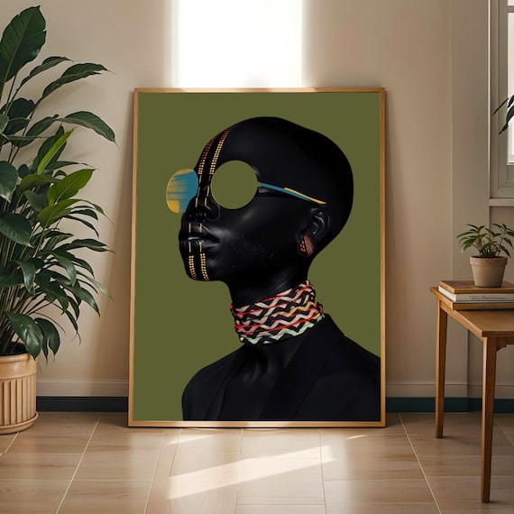 Modern Afrocentric Art Print – Black Cultural Portrait, Neon Accents