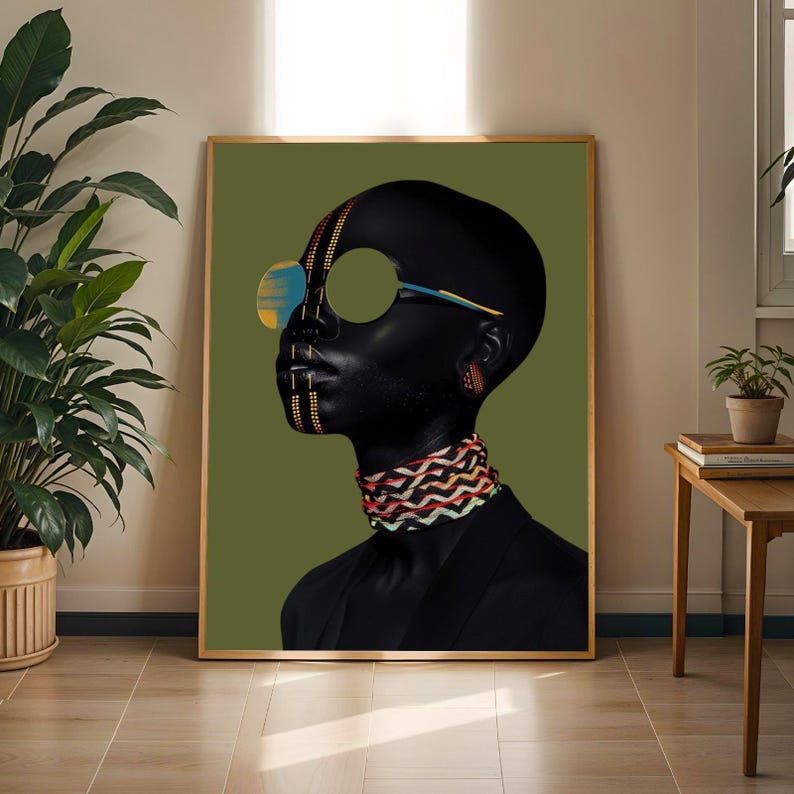Modern Afrocentric Art Print – Black Cultural Portrait, Neon Accents