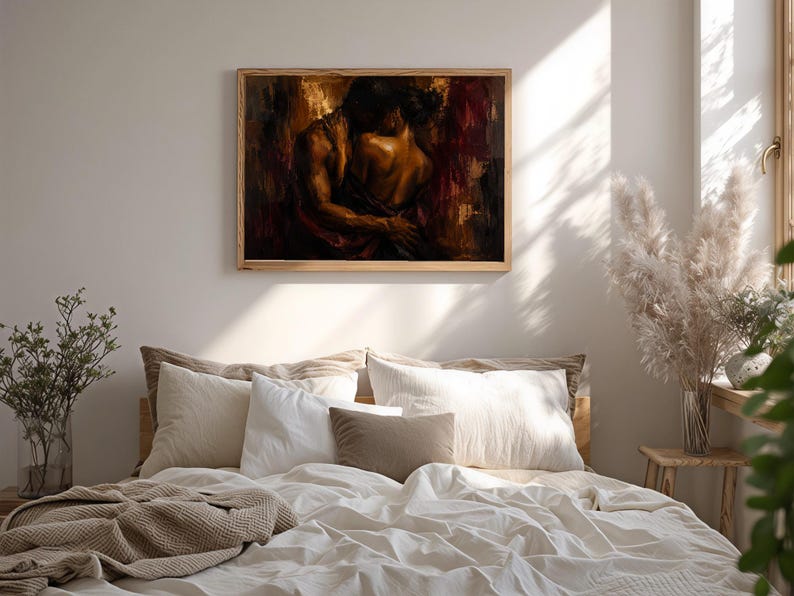 Black Couple Embrace Art Print, Bold Palette, Moody Figurative image 12