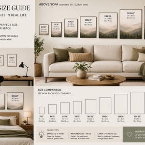The image is a wall art size guide that provides visual information on the sizes of various wall art pieces, including paintings and prints, and how to choose the perfect size for your space. It also includes a comparison chart that shows the relative sizes of different artworks.