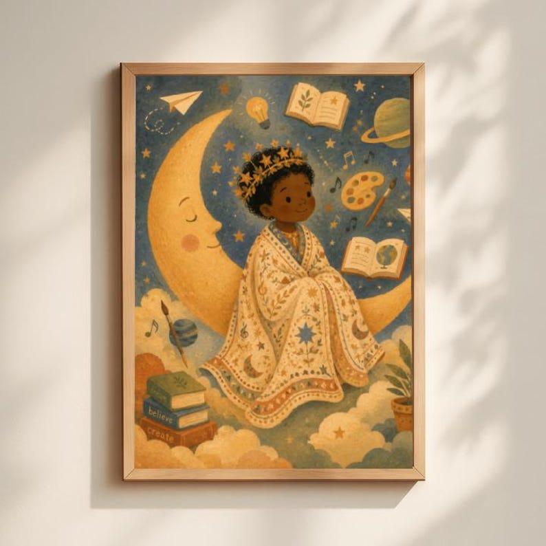 Moonlit Child Wall Art Print – Modern, Navy Blue and Golden Yellow