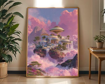 Pode incluir: Uma impressão de arte de parede emoldurada retratando uma ilha flutuante com arquitetura clássica, palmeiras e uma cascata, cercada por nuvens cor-de-rosa e roxas. A cena apresenta estruturas em forma de disco pairando sobre os edifícios.