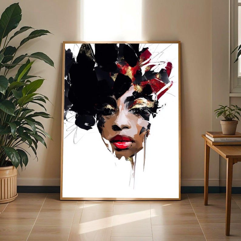 Bold Black Woman Portrait Wall Art Print | Abstract Afrocentric Empowerment Art | Red Gold Decor
