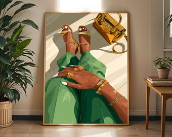Gold Accessories Fashion Illustration | Green Boho Afrocentric Wall Art