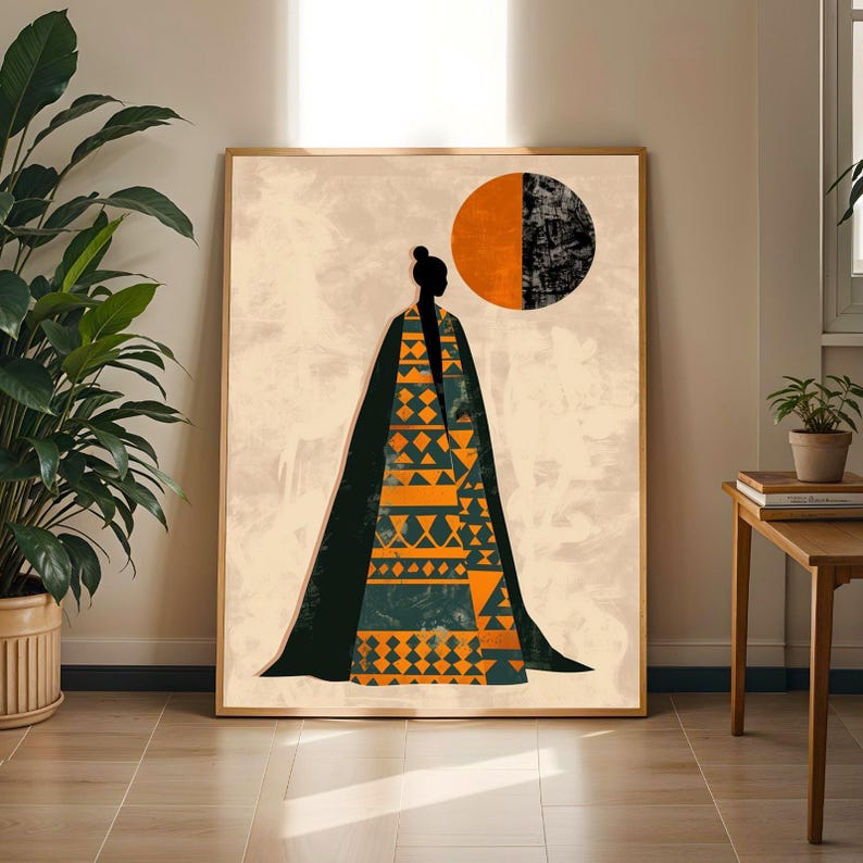 Afrocentric Woman Silhouette Art Print: Geometric Boho Decor