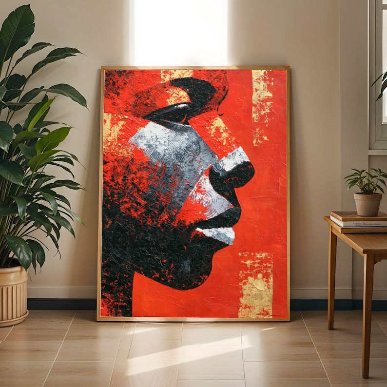 Bold Black Man Portrait Wall Art Print Red Gold Abstract African Art Empowerment Decor