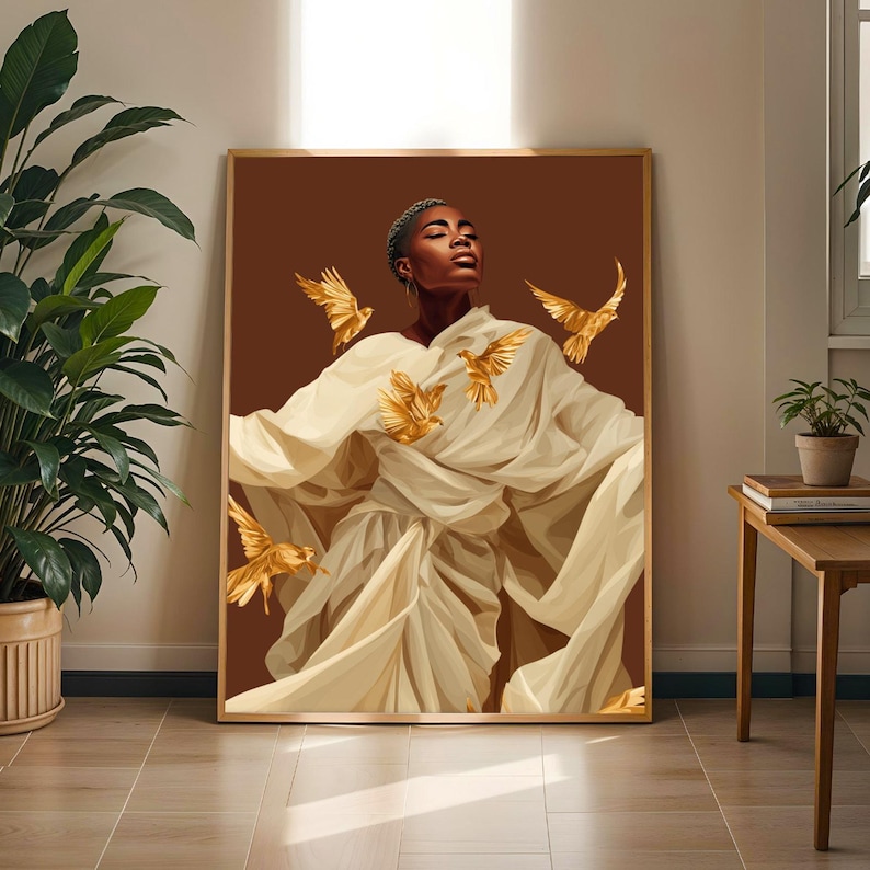 Black Woman Angel Art Print, Golden Doves, Afrocentric Spiritual Decor