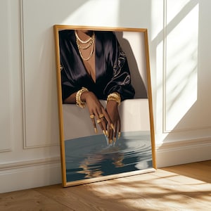 Black Woman Art Print: Gold Jewelry, Wine Illustration, Modern Glam Decor