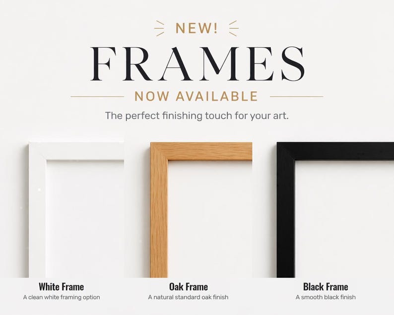 The image is an advertisement for three different types of frames, each with a unique finish: white, oak, and black.