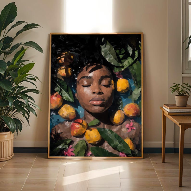 Black Woman Bath Art Print, Melanin Goddess Self Care, Fruit Bath Painting