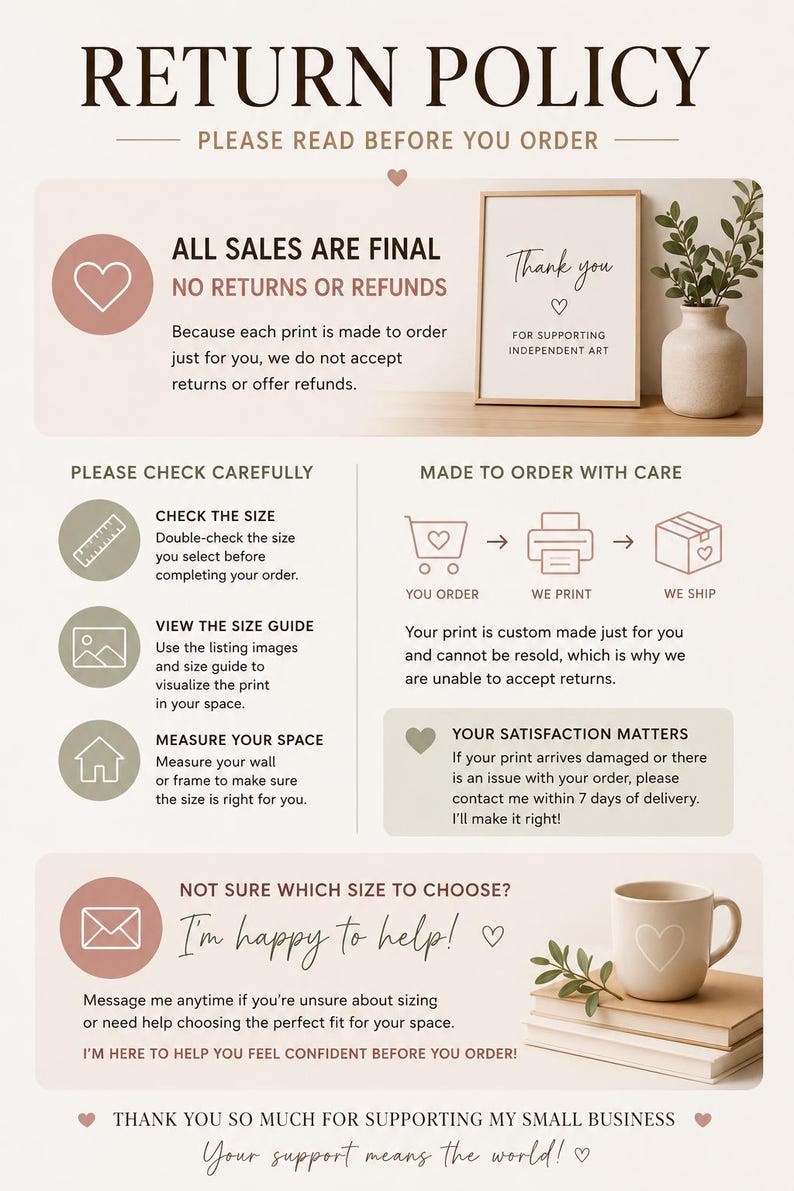 The image is a return policy flyer for a small business, providing information on the return policy and instructions for customers.
