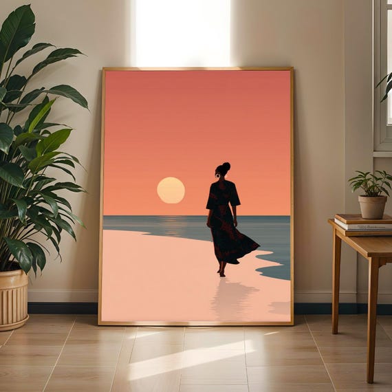 Beach Sunset Silhouette Art Print: Boho Afrocentric Decor