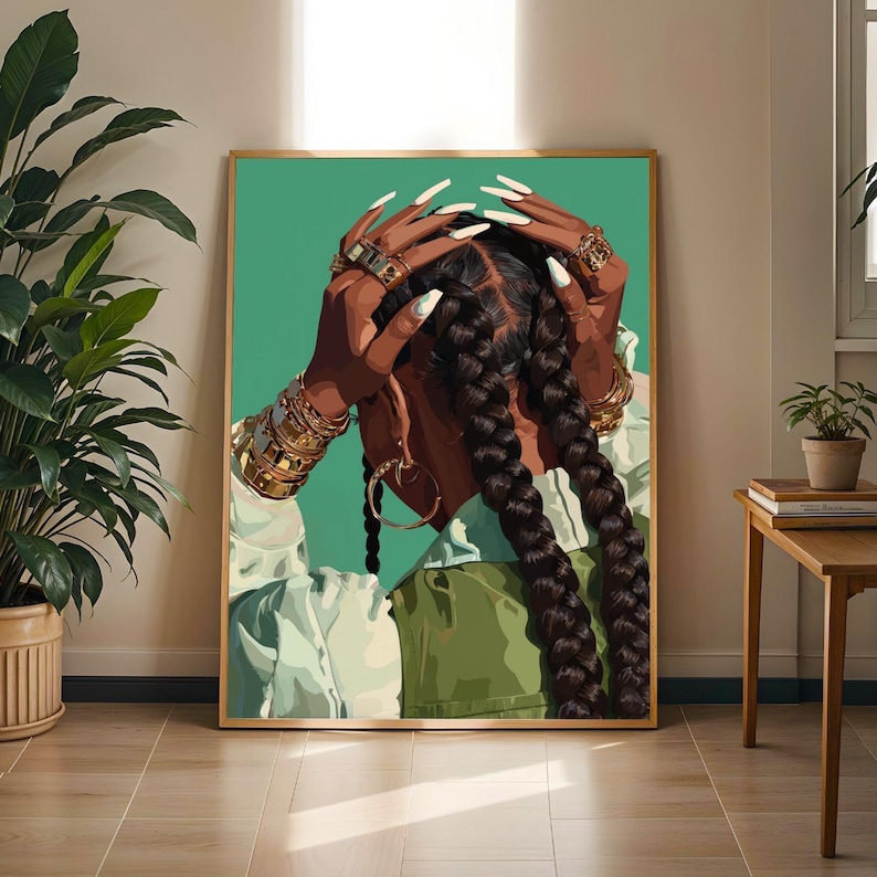 Woman with Gold Jewelry Art Print: Modern Green Boho Decor